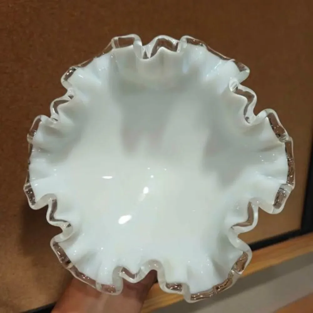 Vintage white opalescent ruffled pedestal glass bowl